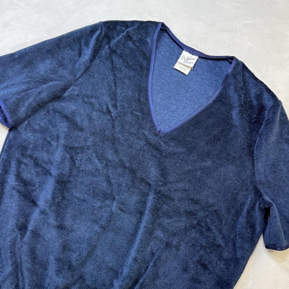 DeWeese Design 70s Disco Retro Velour Terry V Neck Top Women's M Navy